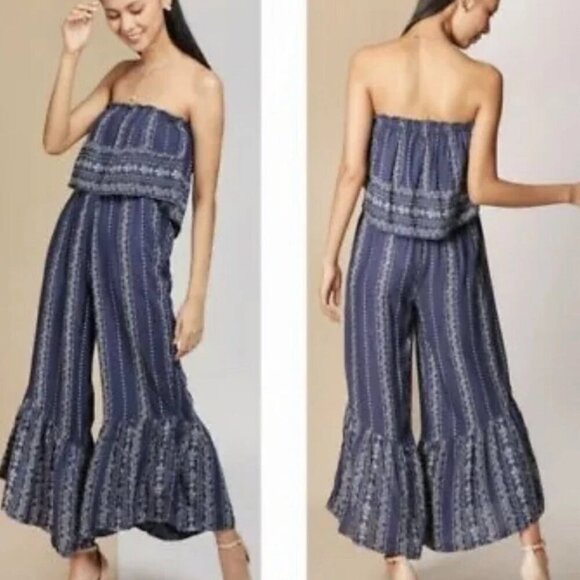 JAPNA Boho Strapless Wide Leg Jumpsuit in Blue Cropped  Ruffle Smocked - Size L - Picture 1 of 8